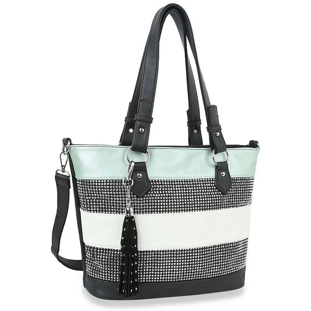 Mint Lightweight Rhinestone Accent Striped Handbag